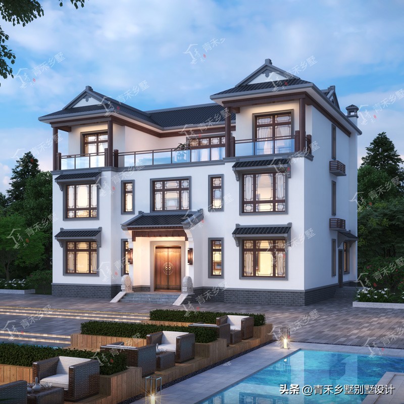 农村自建新中式三层别墅图大全,农村170平米三层自建别墅外观