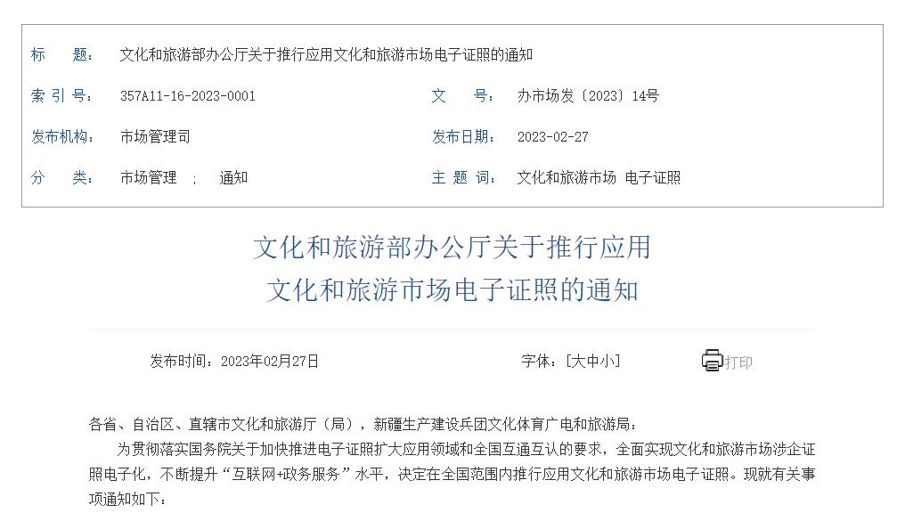 文化和旅游审批业务,电子证照与纸质证照同步制发